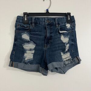 Aeropostale Womens High Rise Curvi Midi Shorts Denim Sz 8 Dark Wash Distressed